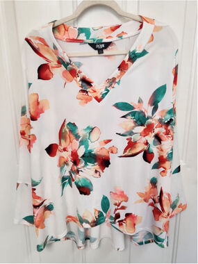 Slim Factor by Investments Blouse 2X White Multicolor Floral